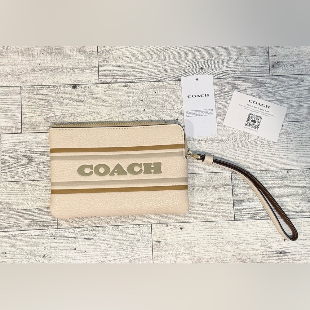Coach Small Zip Wristlet in Cream and Tan with Gold Hardware